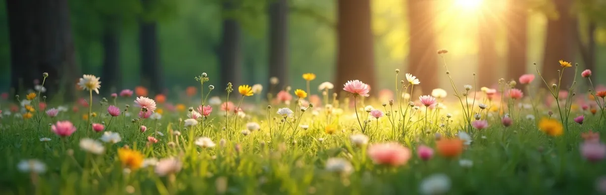 Curano Alltagsbegleitung – Gesundheitsdienst – Wiese voller bunter Wildblumen und grünem Gras unter hellen Sonnenstrahlen.